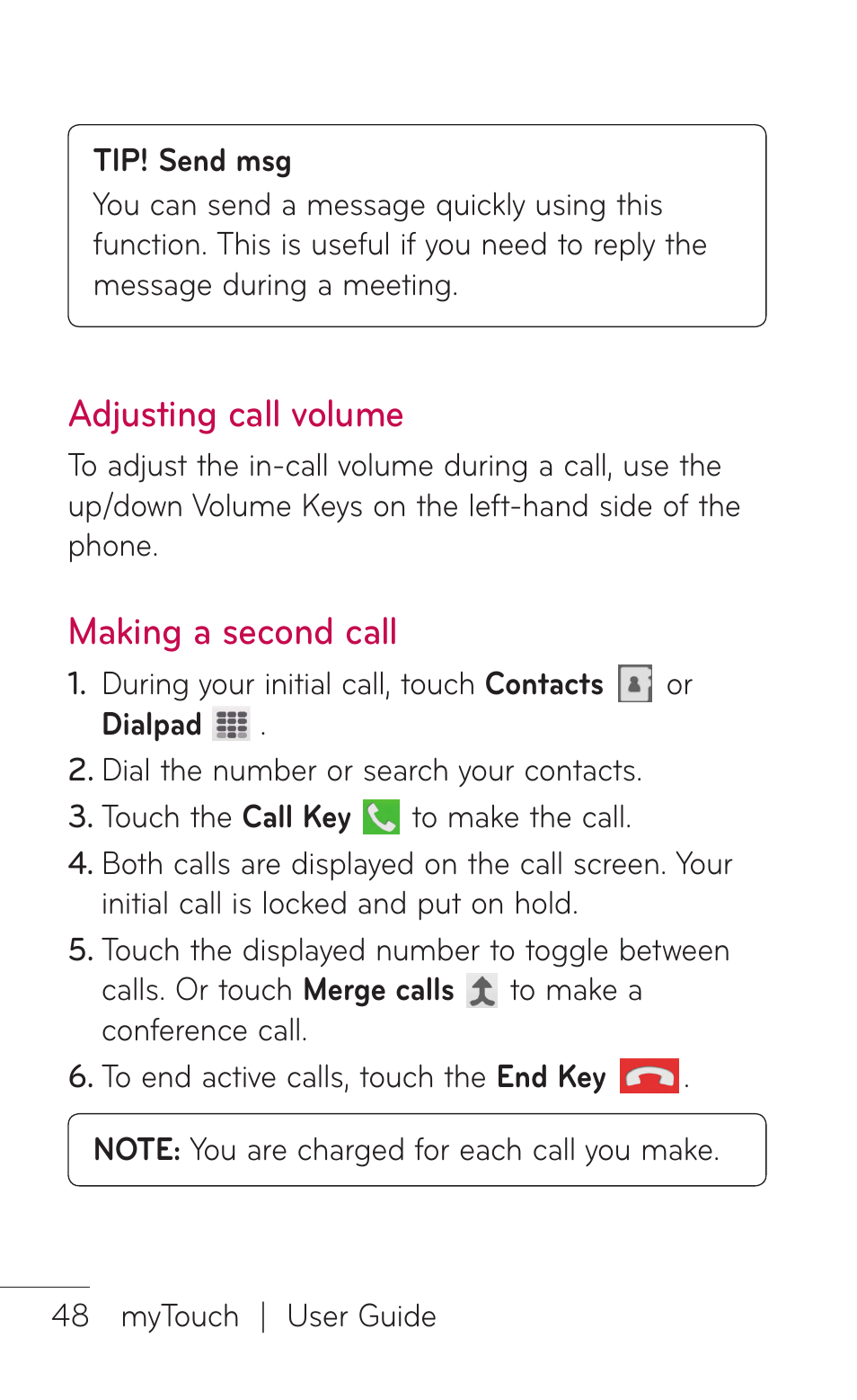 Adjusting call volume, Making a second call, Adjusting call volume making a second call | LG LGE739BK User Manual | Page 48 / 312