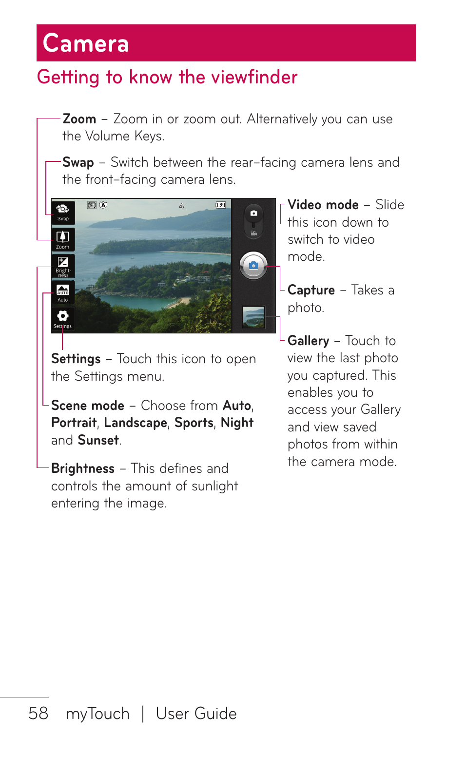 Camera, Getting to know the viewfinder, Getting to know the | Viewfinder | LG LGE739BK User Manual | Page 58 / 312