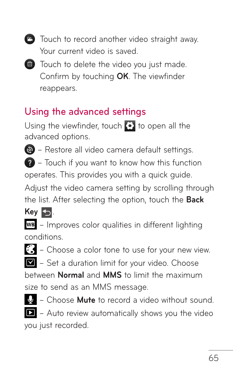 Using the advanced settings, Using the advanced, Settings | LG LGE739BK User Manual | Page 65 / 312