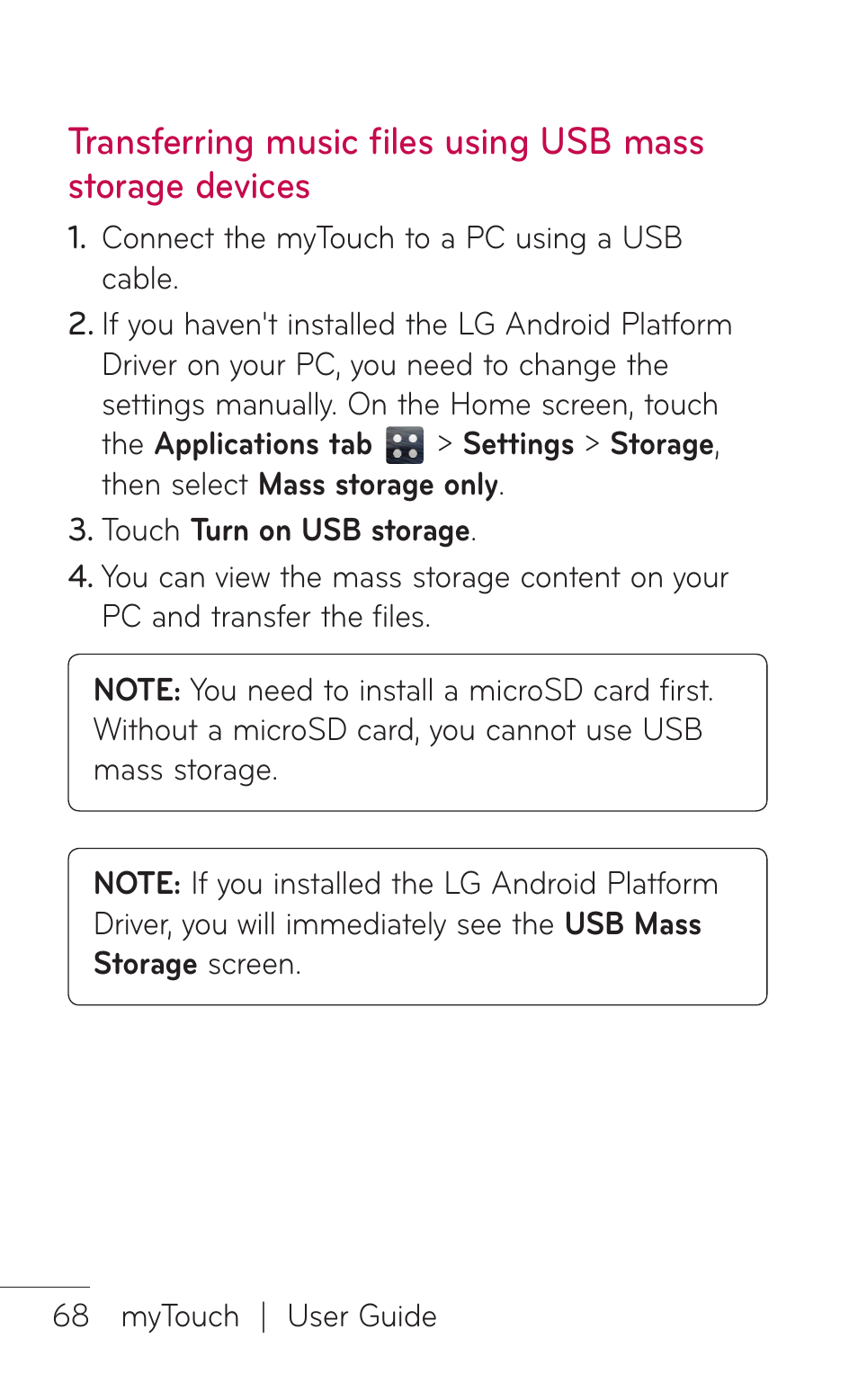 Transferring music files, Using usb mass storage, Devices | LG LGE739BK User Manual | Page 68 / 312