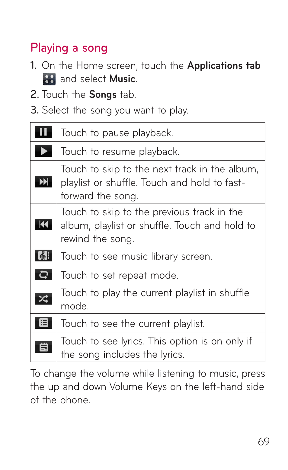 Playing a song | LG LGE739BK User Manual | Page 69 / 312