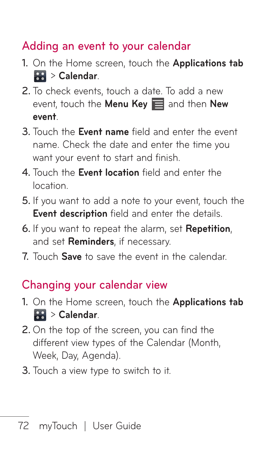 Adding an event to your calendar, Changing your calendar view, Adding an event to your | Calendar changing your calendar, View | LG LGE739BK User Manual | Page 72 / 312