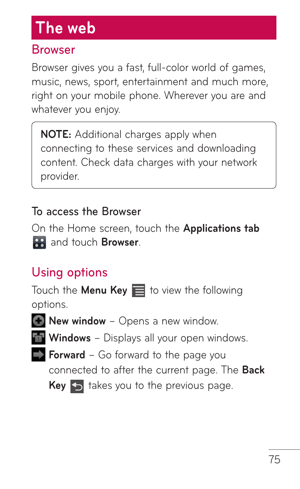 The web, Browser, Using options | Browser using options | LG LGE739BK User Manual | Page 75 / 312