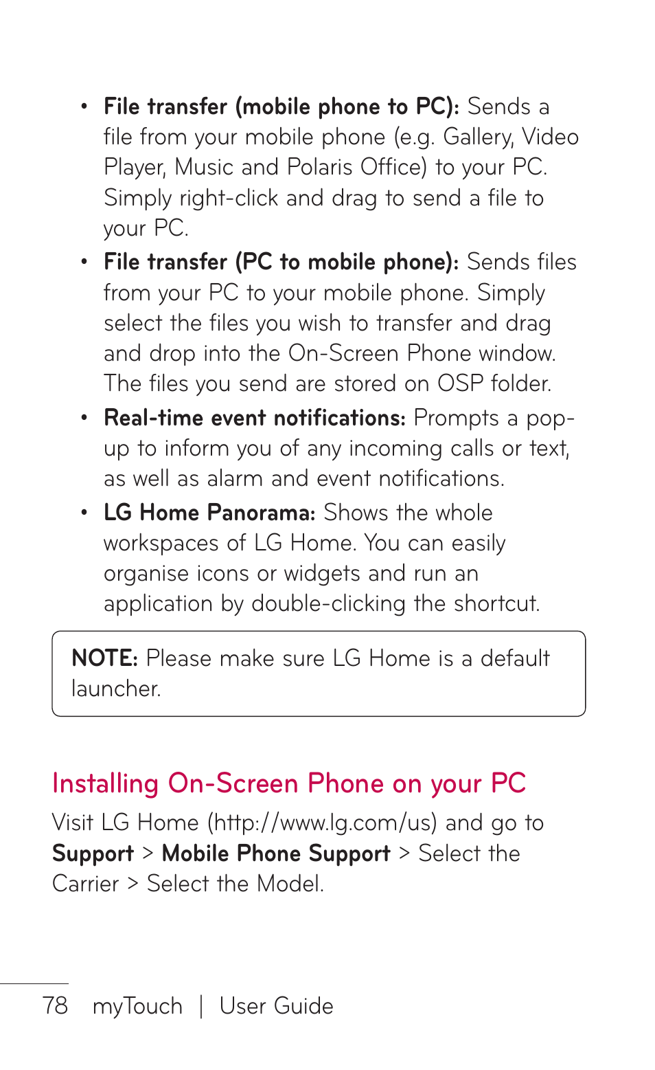 Installing on-screen phone on your pc, Installing on-screen, Phone on your pc | LG LGE739BK User Manual | Page 78 / 312