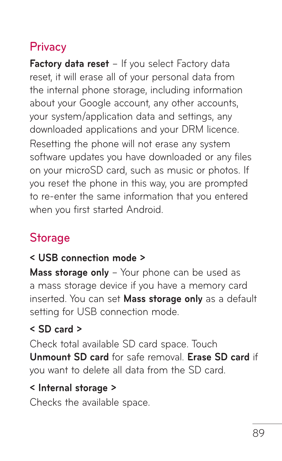 Privacy, Storage, Privacy storage | LG LGE739BK User Manual | Page 89 / 312