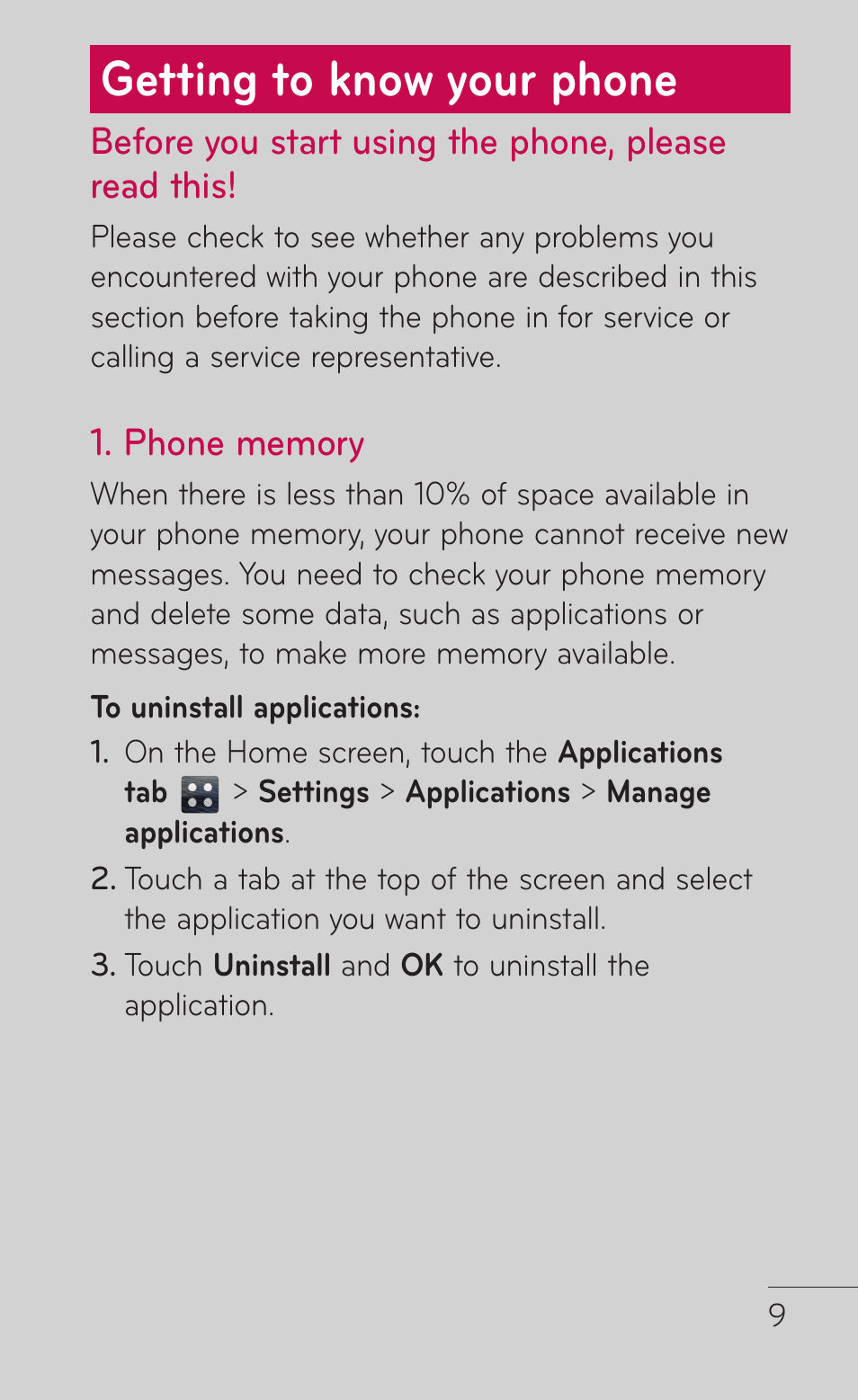 Getting to know your phone, Getting to know your, Phone | Before you start using the phone, please read this | LG LGE739BK User Manual | Page 9 / 312