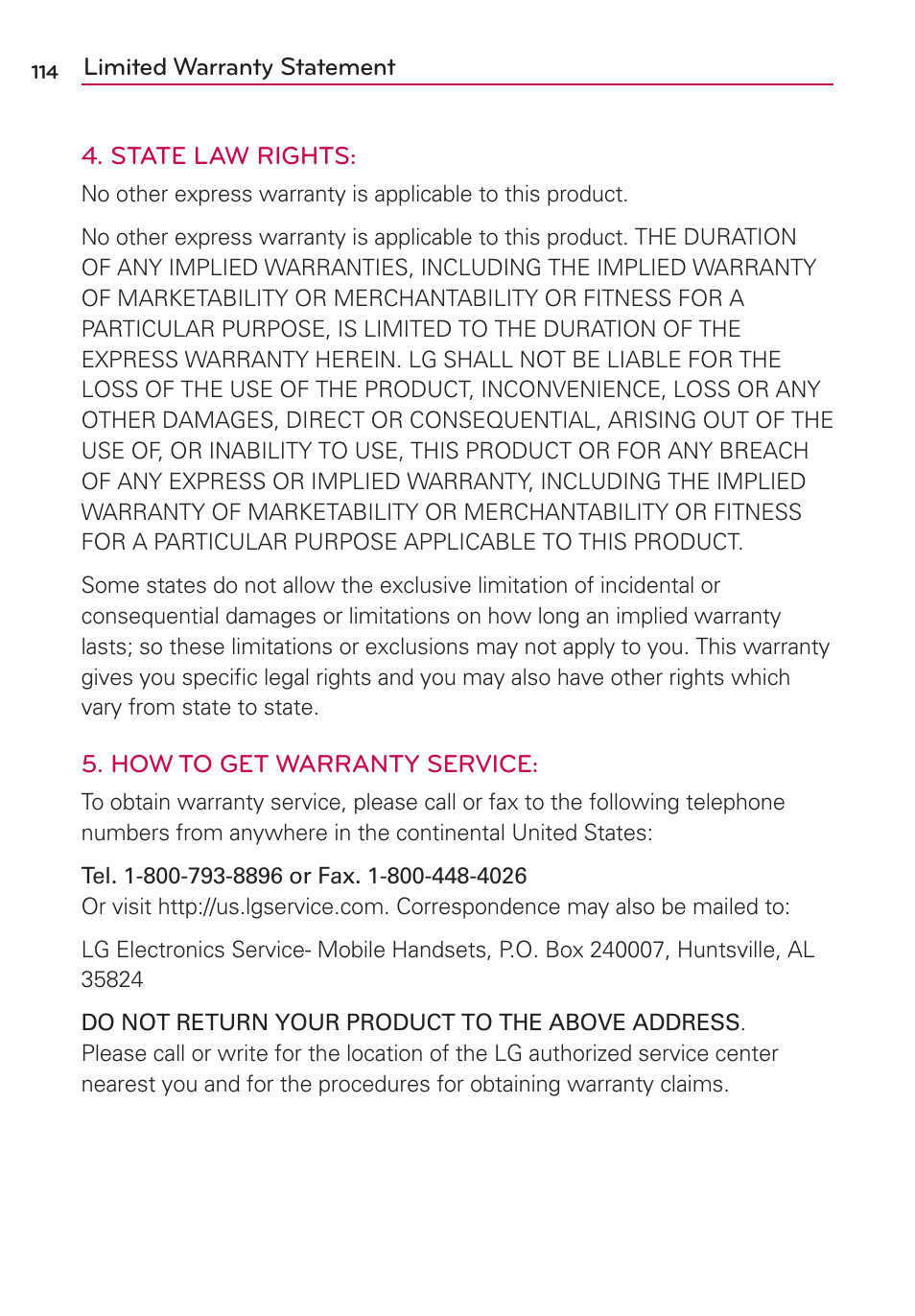 LG US780 User Manual | Page 114 / 117