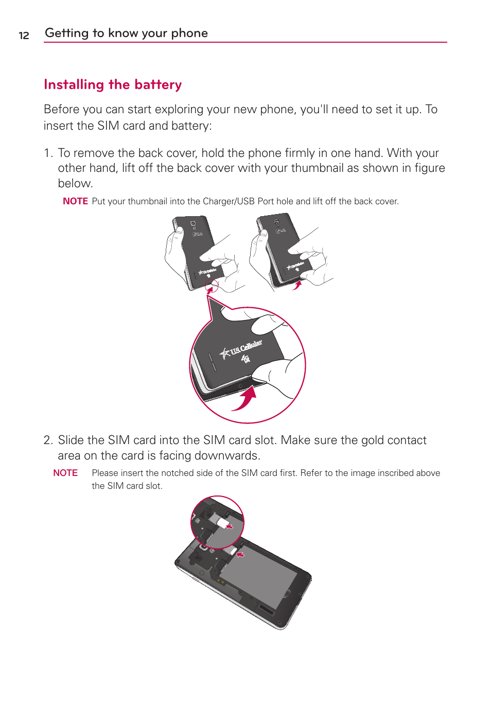 Installing the battery, Getting to know your phone | LG US780 User Manual | Page 12 / 117