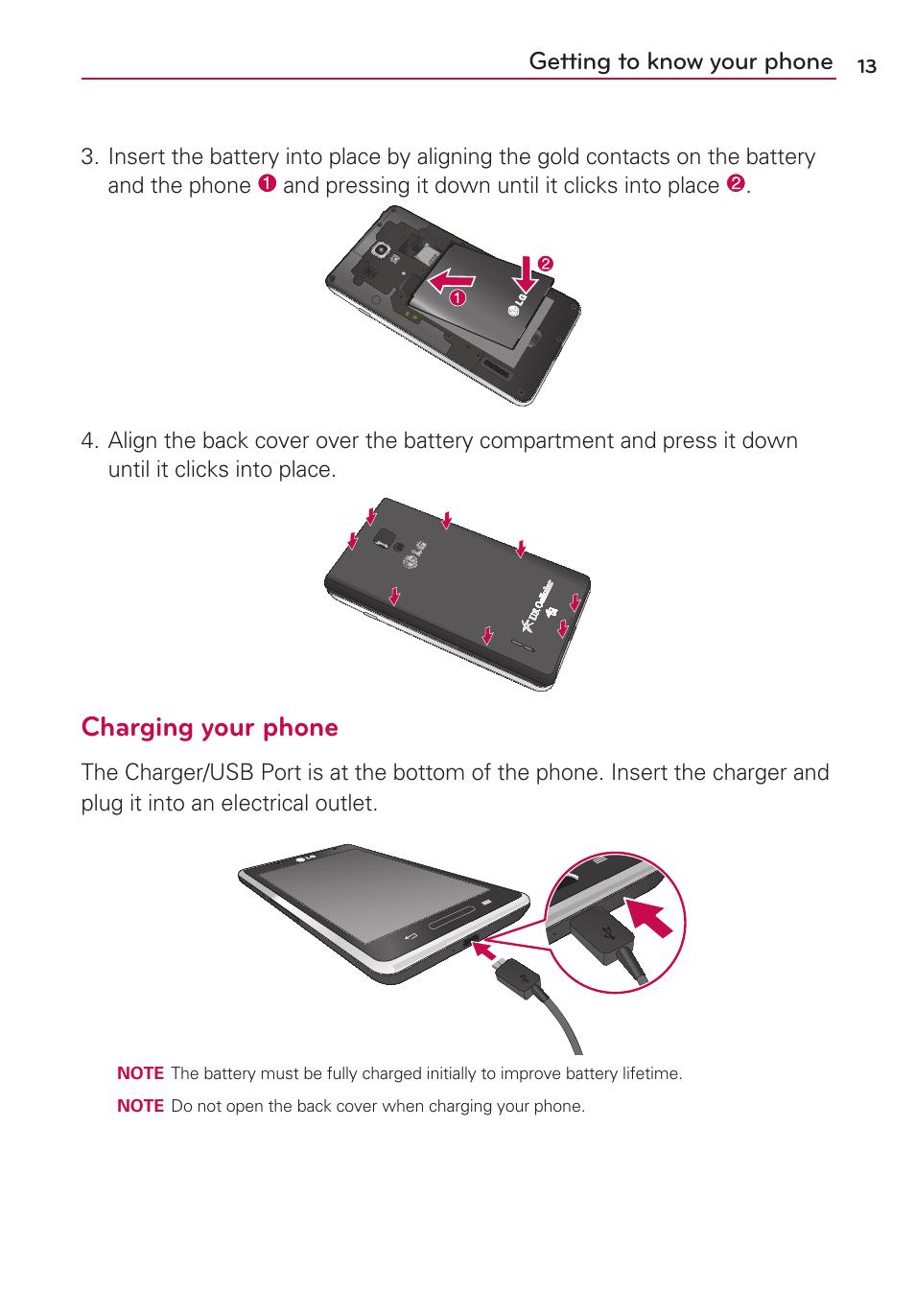 Charging your phone, Getting to know your phone | LG US780 User Manual | Page 13 / 117