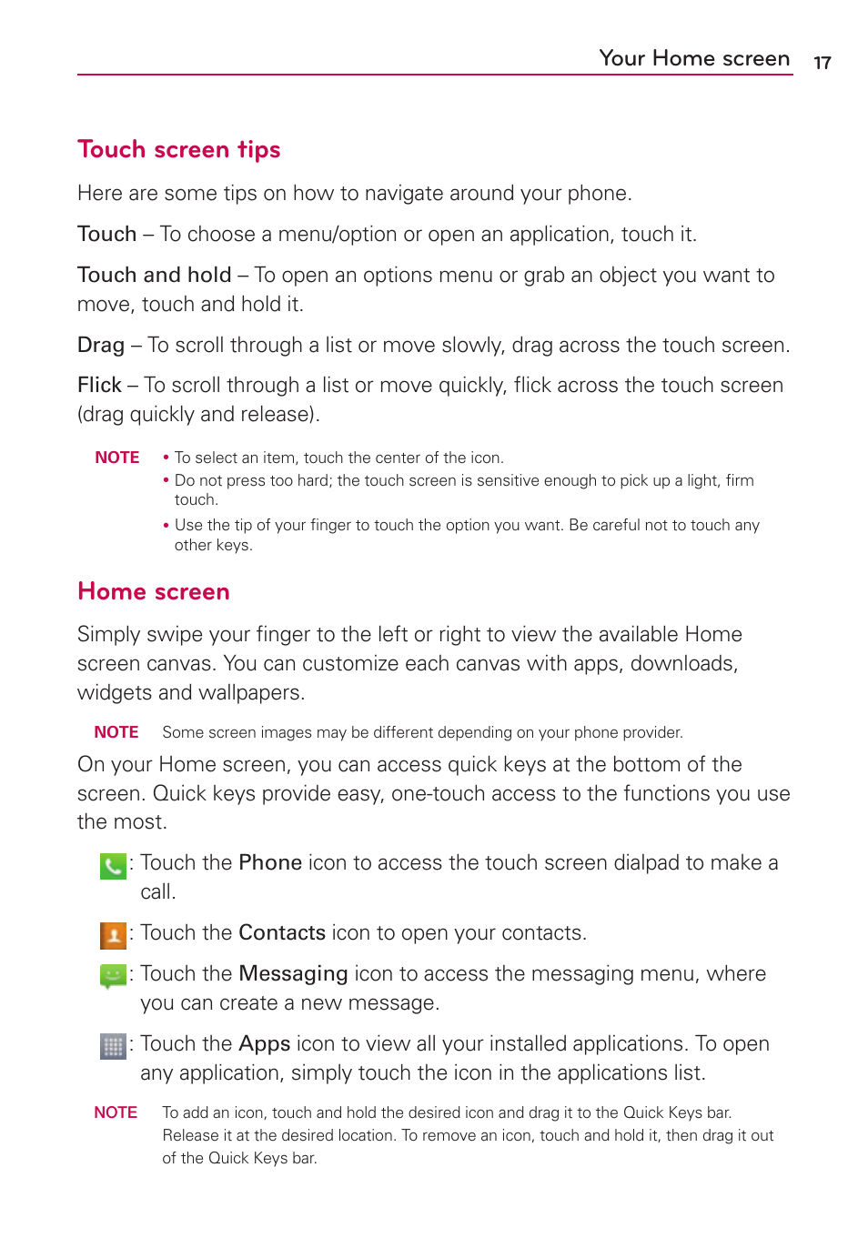Your home screen, Touch screen tips, Home screen | LG US780 User Manual | Page 17 / 117