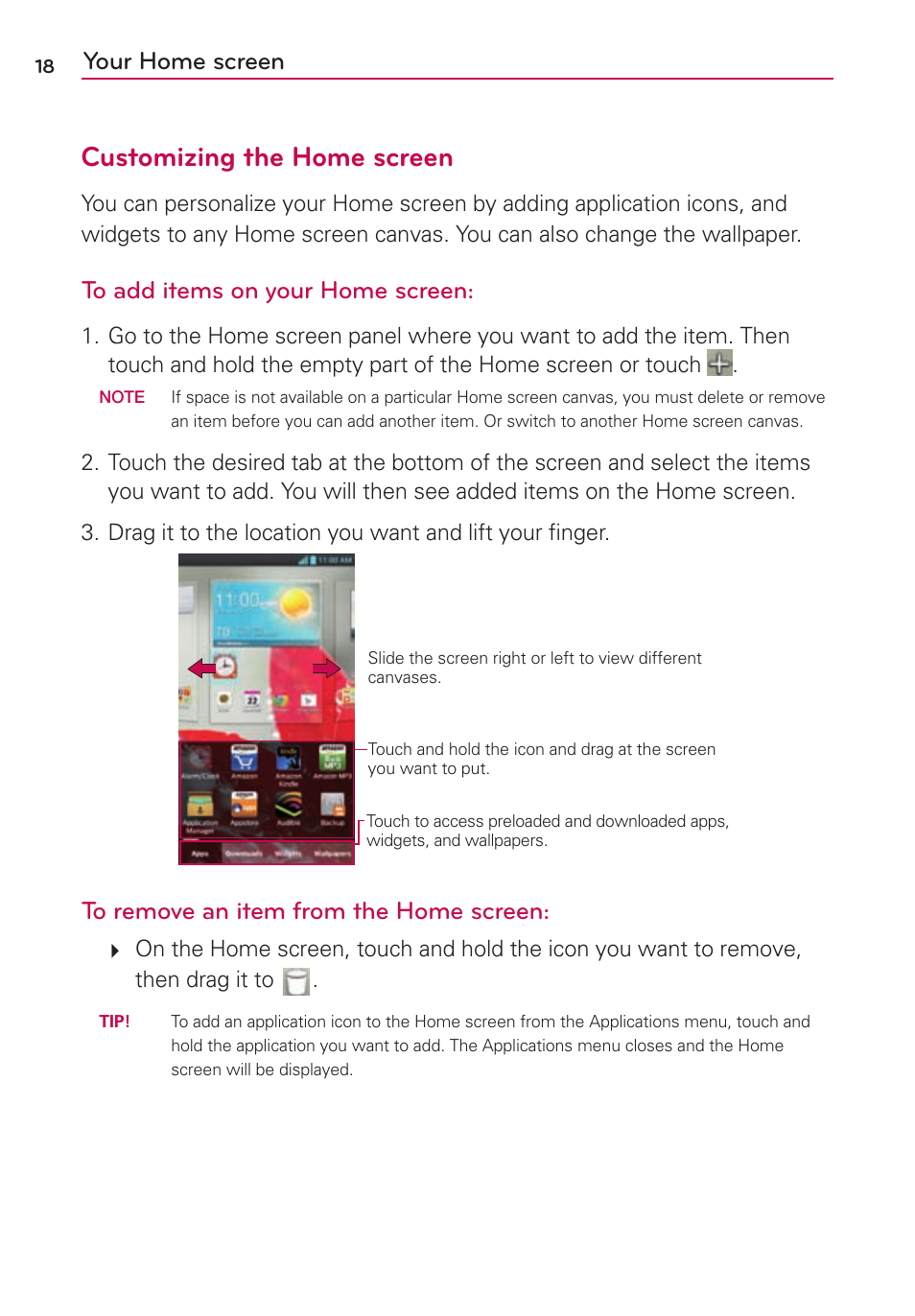 Customizing the home screen, Your home screen | LG US780 User Manual | Page 18 / 117