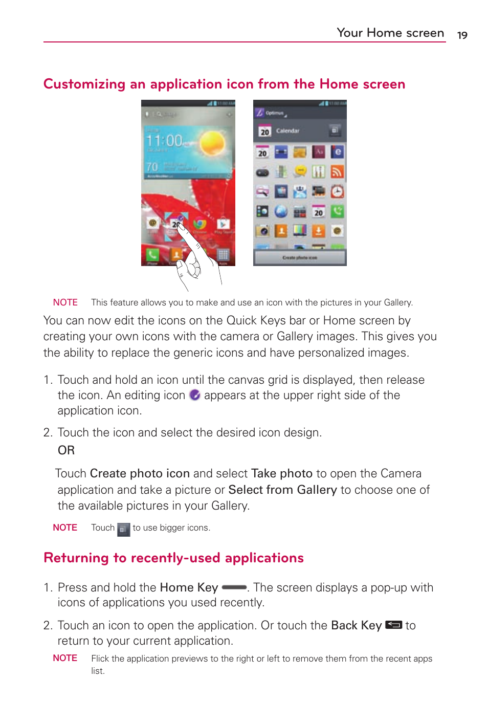 Returning to recently-used applications, Your home screen | LG US780 User Manual | Page 19 / 117