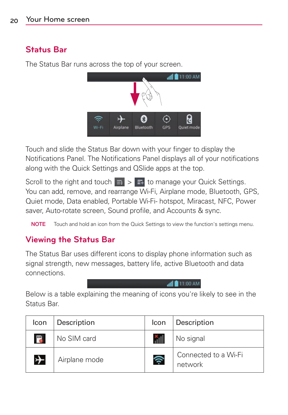 Status bar, Viewing the status bar | LG US780 User Manual | Page 20 / 117