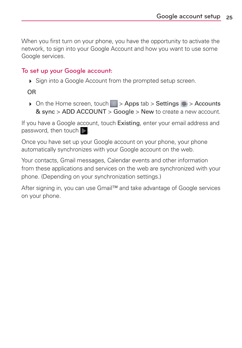 Google account setup | LG US780 User Manual | Page 25 / 117