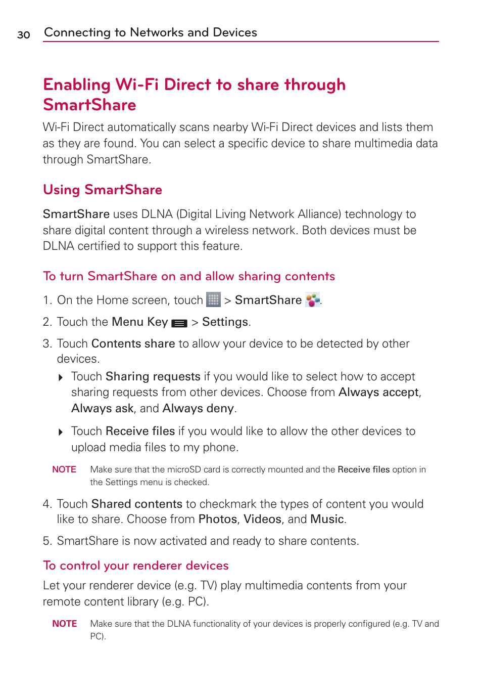 Enabling wi-fi direct to share through smartshare, Using smartshare | LG US780 User Manual | Page 30 / 117