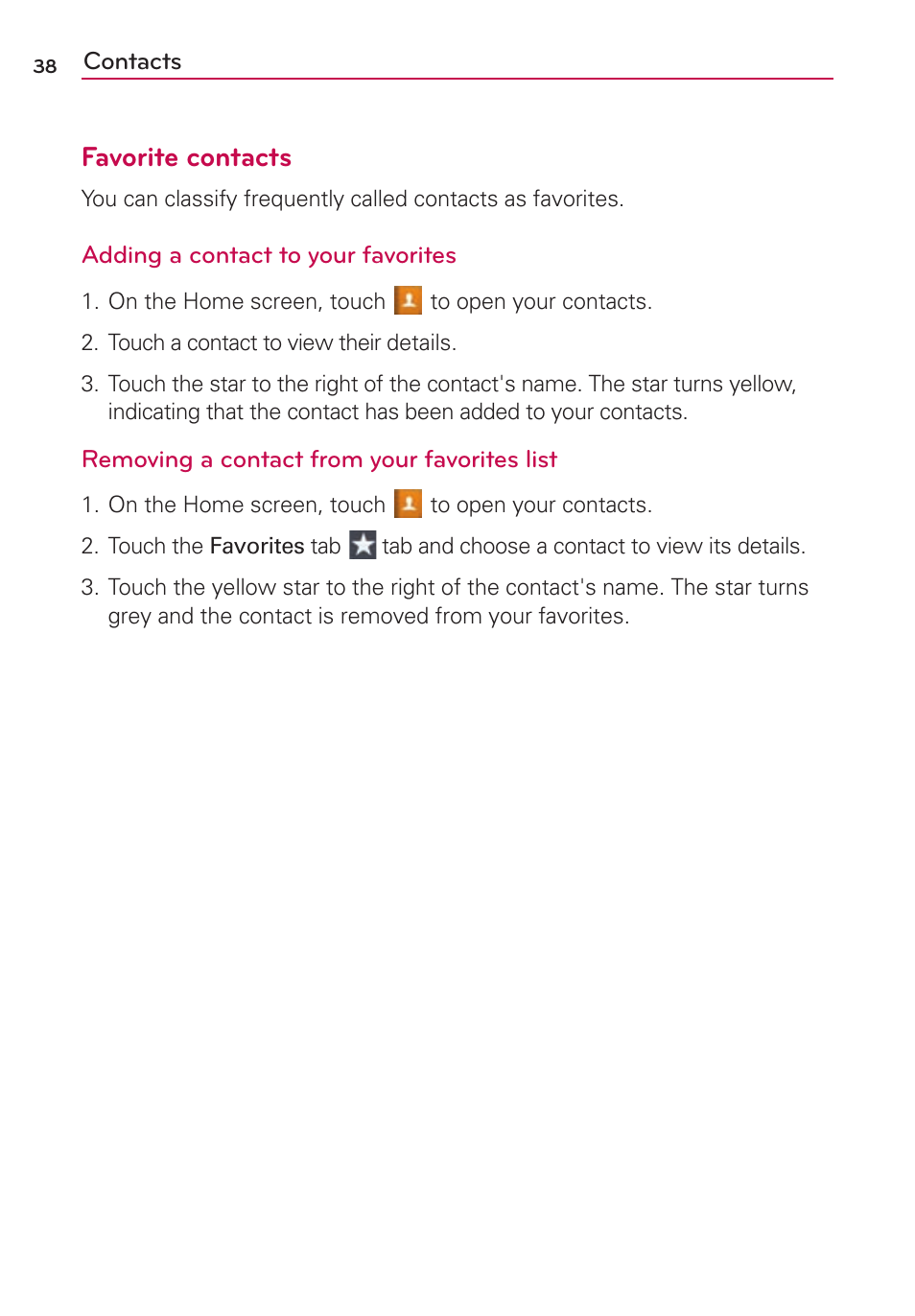 Favorite contacts | LG US780 User Manual | Page 38 / 117