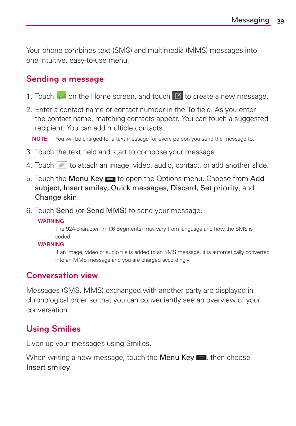 Messaging, Sending a message, Conversation view | Using smilies | LG US780 User Manual | Page 39 / 117