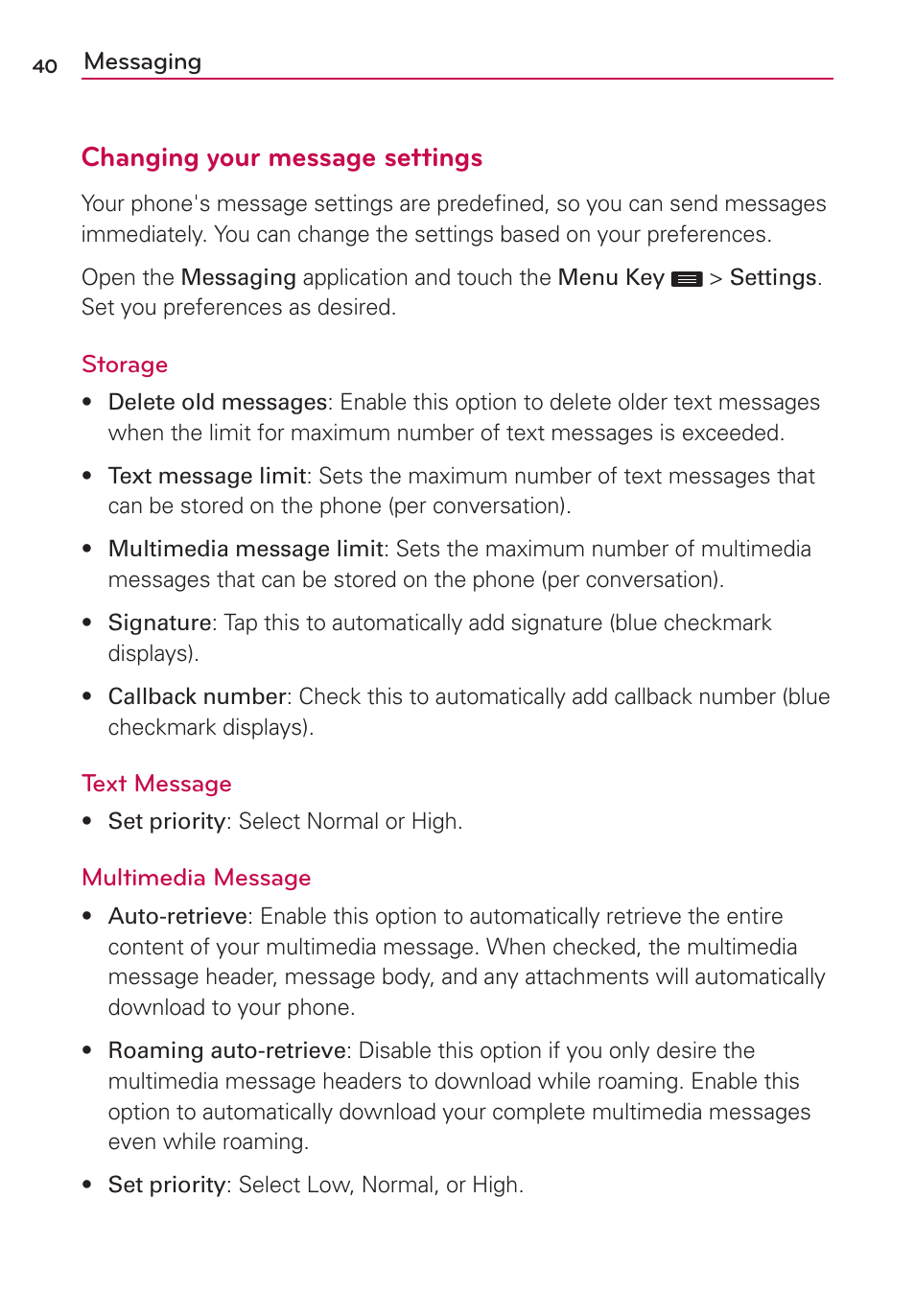 Changing your message settings | LG US780 User Manual | Page 40 / 117