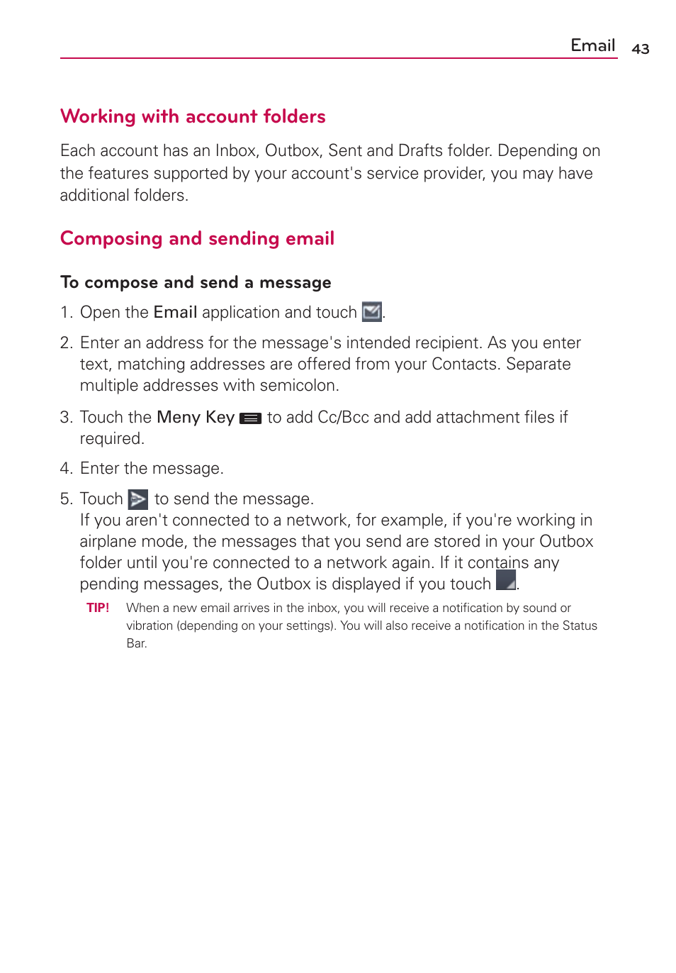 Working with account folders, Composing and sending email | LG US780 User Manual | Page 43 / 117