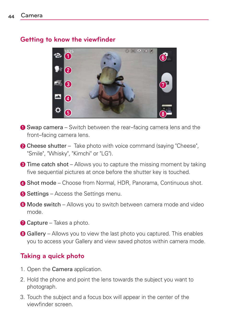 Camera, Getting to know the viewfinder, Taking a quick photo | LG US780 User Manual | Page 44 / 117