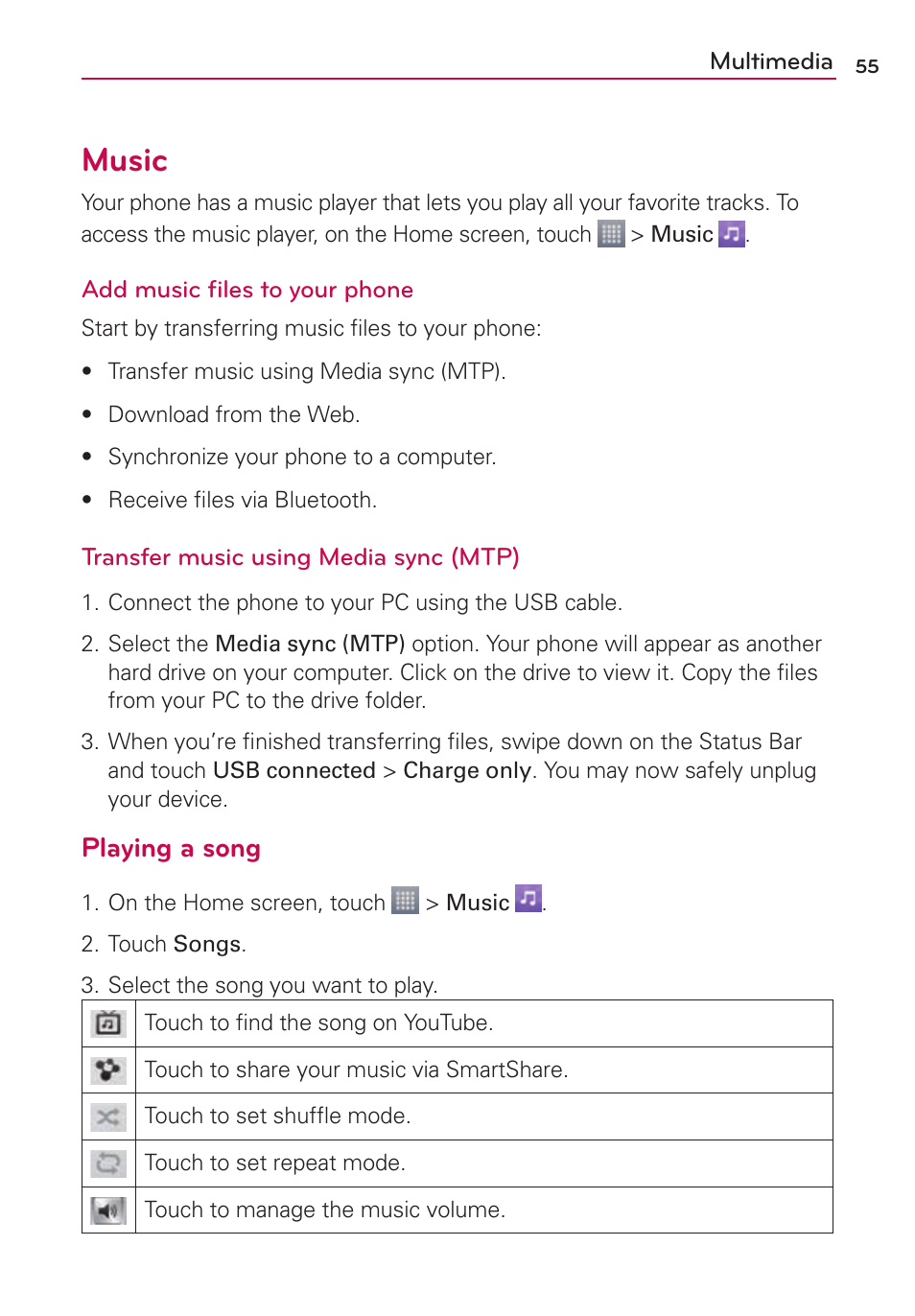 Music, Playing a song | LG US780 User Manual | Page 55 / 117