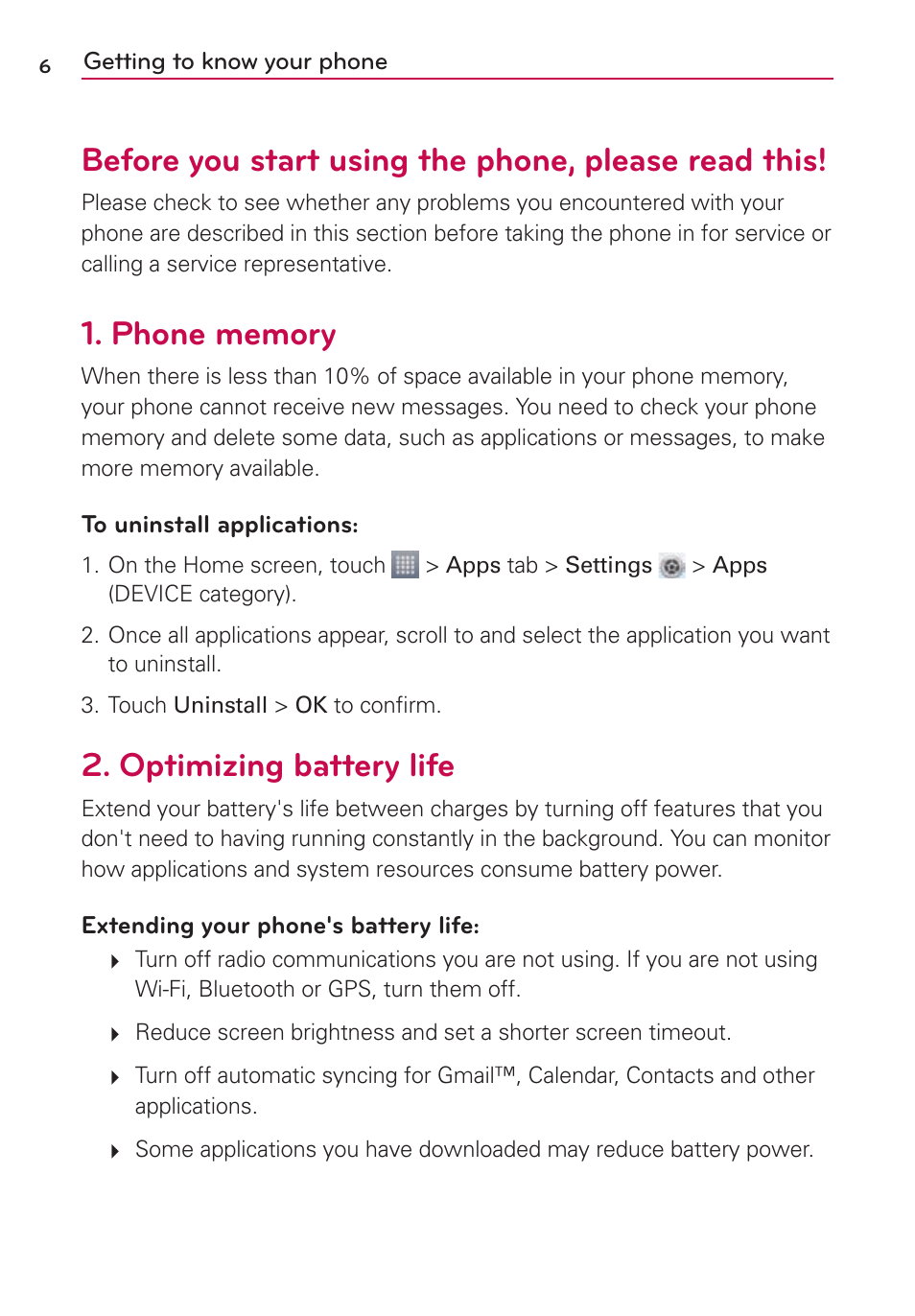 Getting to know your phone, Before you start using the phone, please read this, Optimizing battery life | LG US780 User Manual | Page 6 / 117