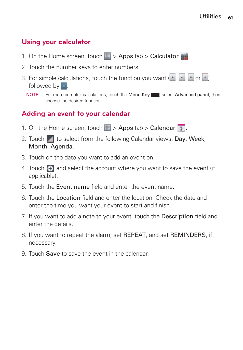 Using your calculator, Adding an event to your calendar, Utilities | LG US780 User Manual | Page 61 / 117