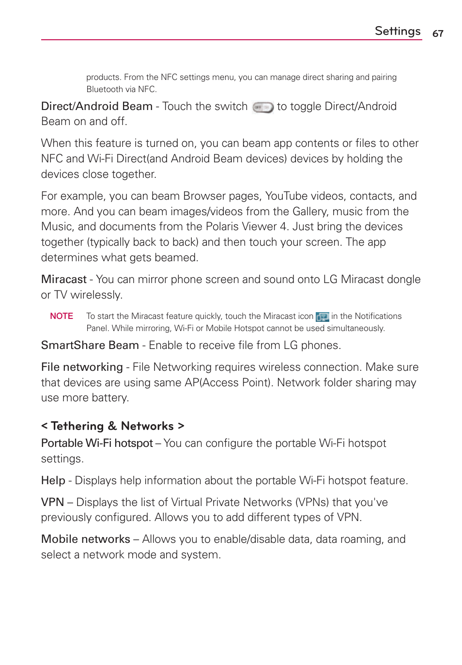 Settings, Tethering & networks | LG US780 User Manual | Page 67 / 117