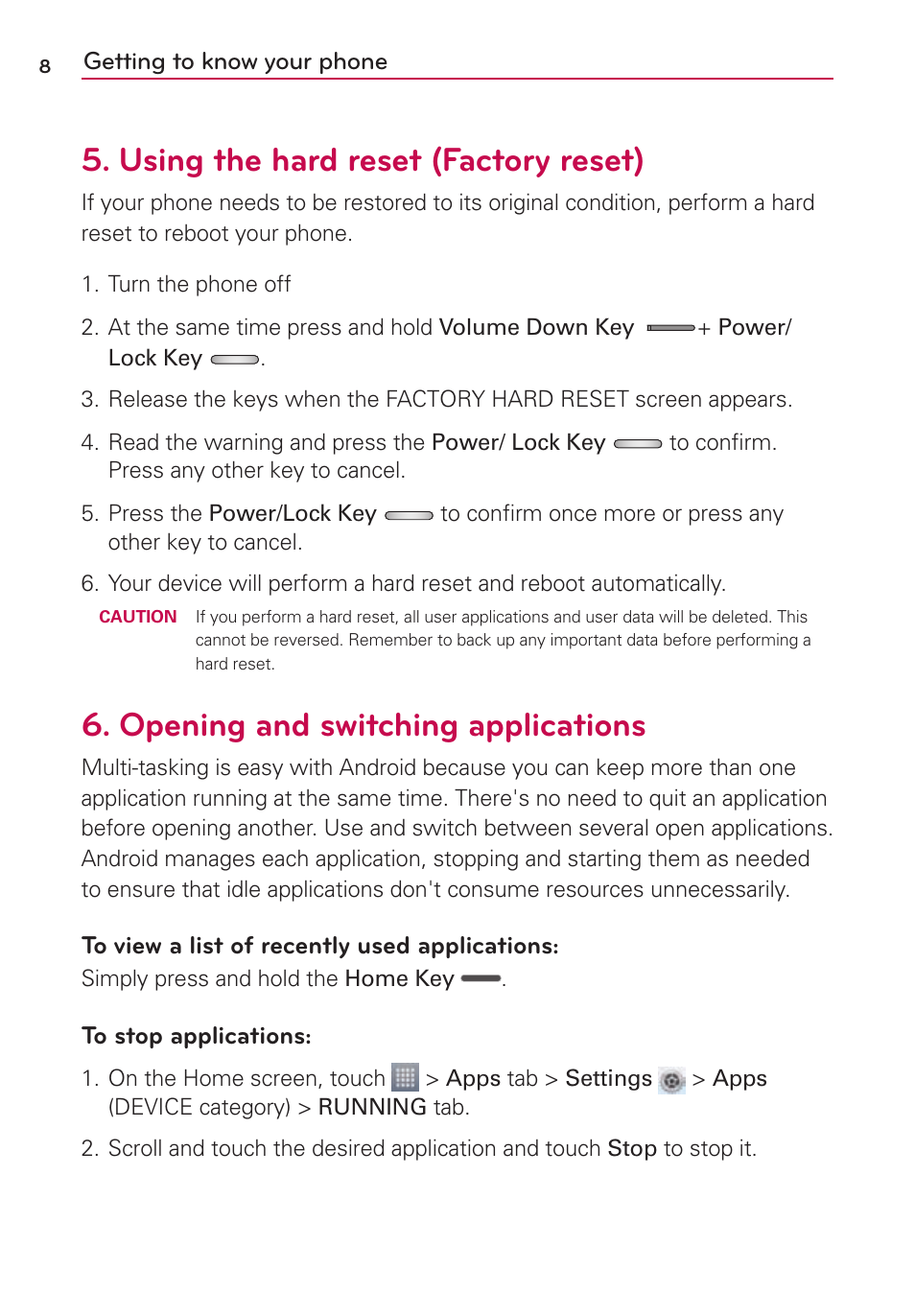 Using the hard reset (factory reset), Opening and switching applications | LG US780 User Manual | Page 8 / 117