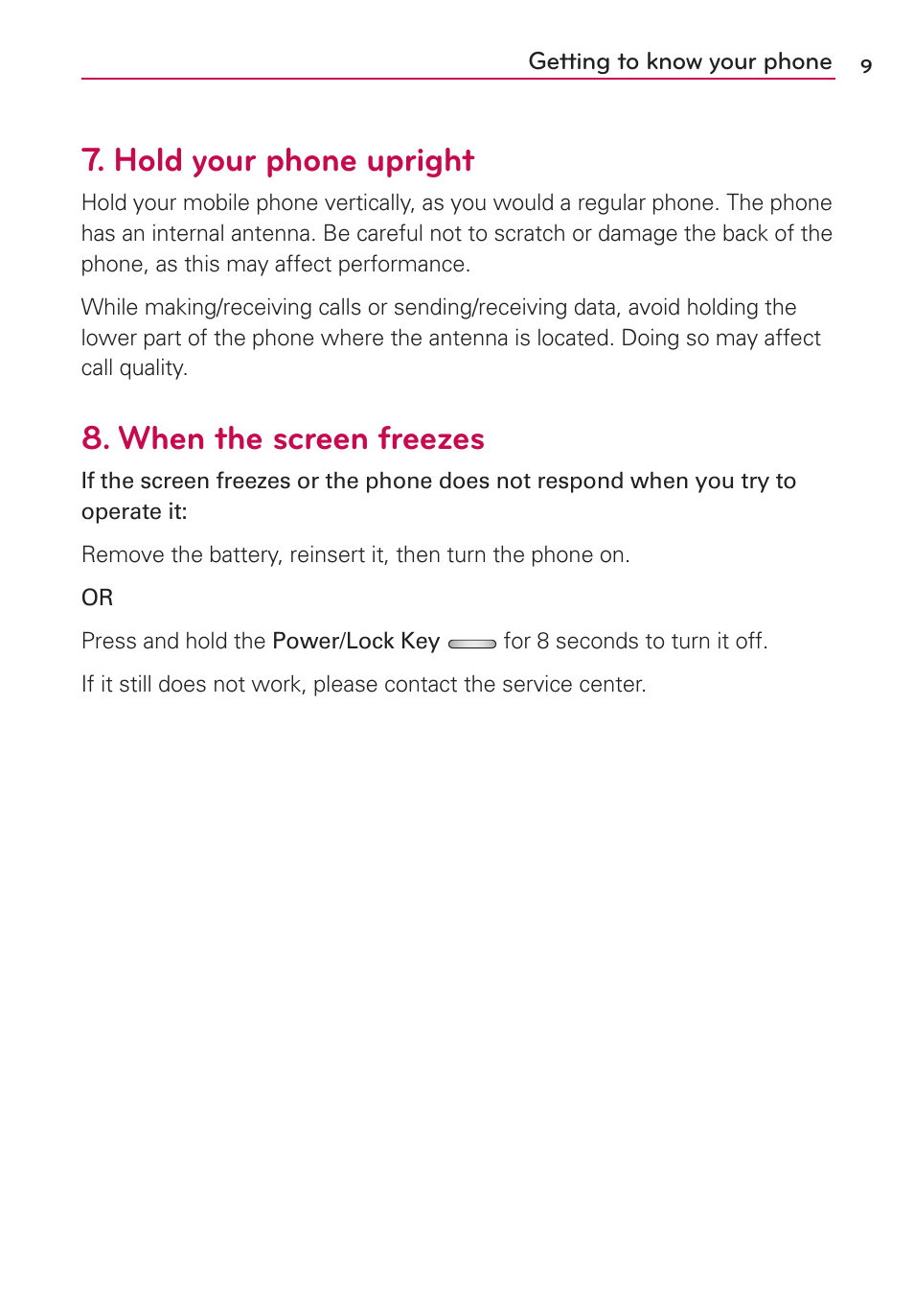Hold your phone upright, When the screen freezes | LG US780 User Manual | Page 9 / 117