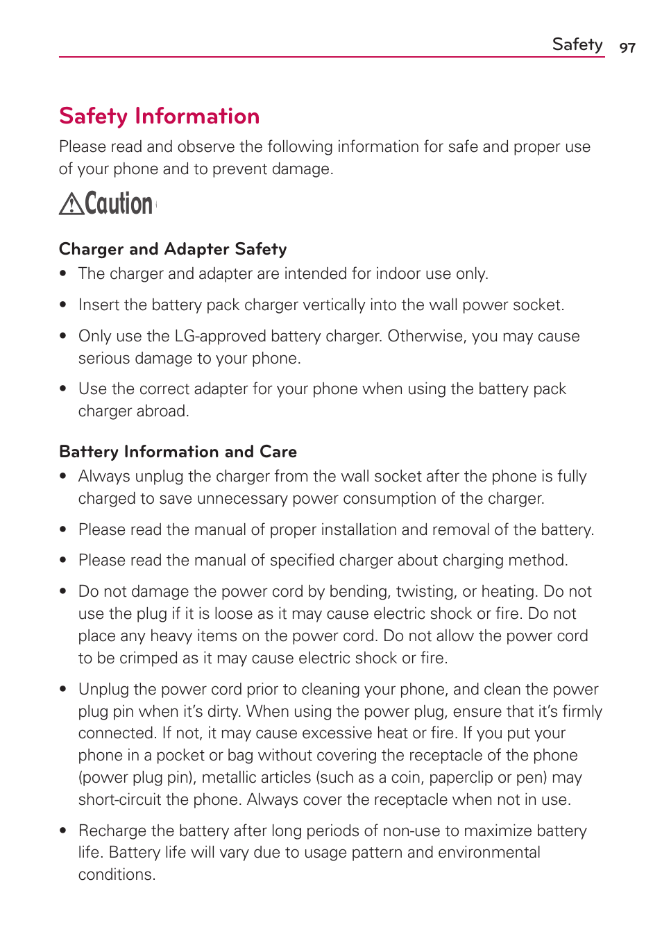 Caution, Safety information | LG US780 User Manual | Page 97 / 117
