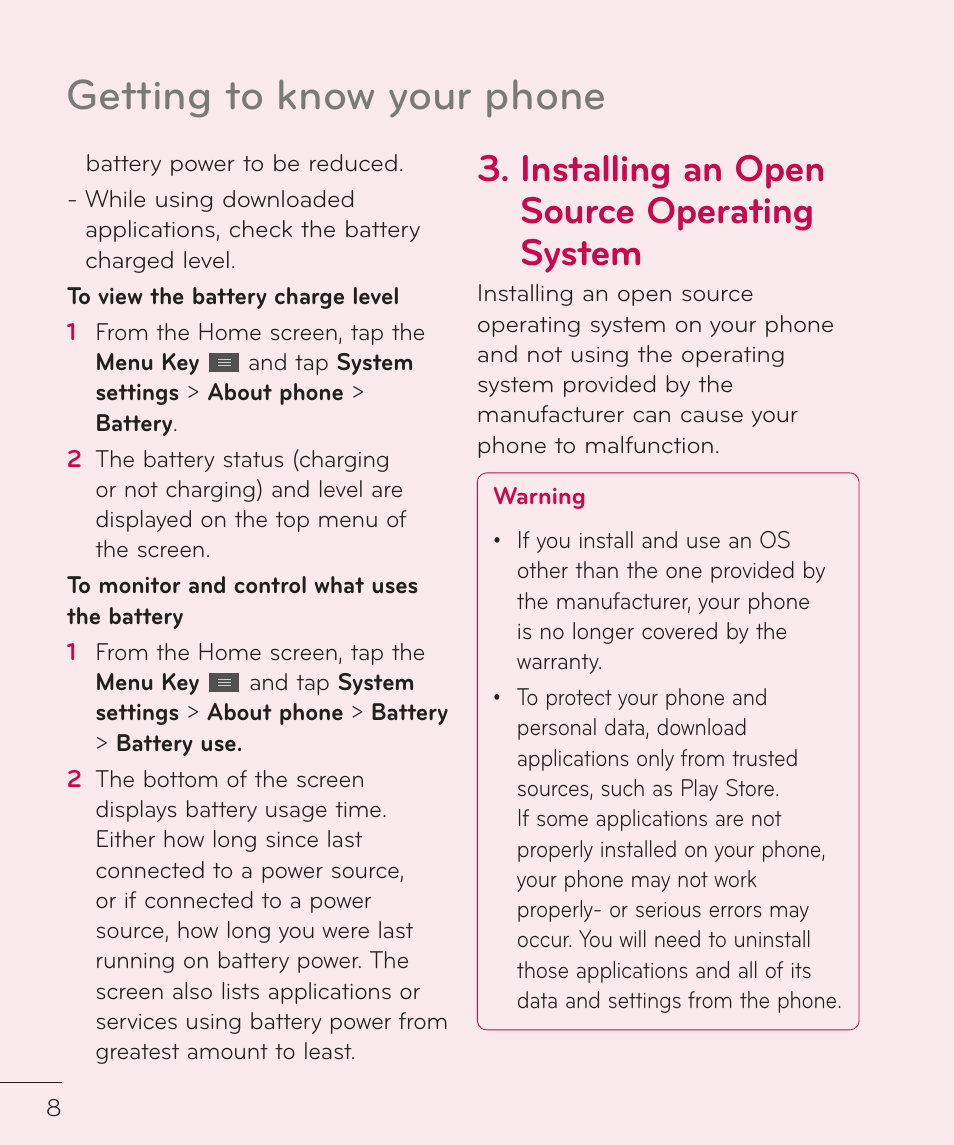 Getting to know your phone, Installing an open source operating system | LG LGP769BK User Manual | Page 10 / 167