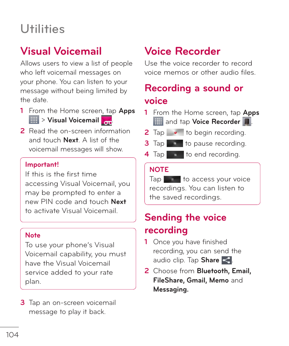 Visual voicemail, Voice recorder, Visual voicemail voice recorder | Utilities, Recording a sound or voice, Sending the voice recording | LG LGP769BK User Manual | Page 106 / 167