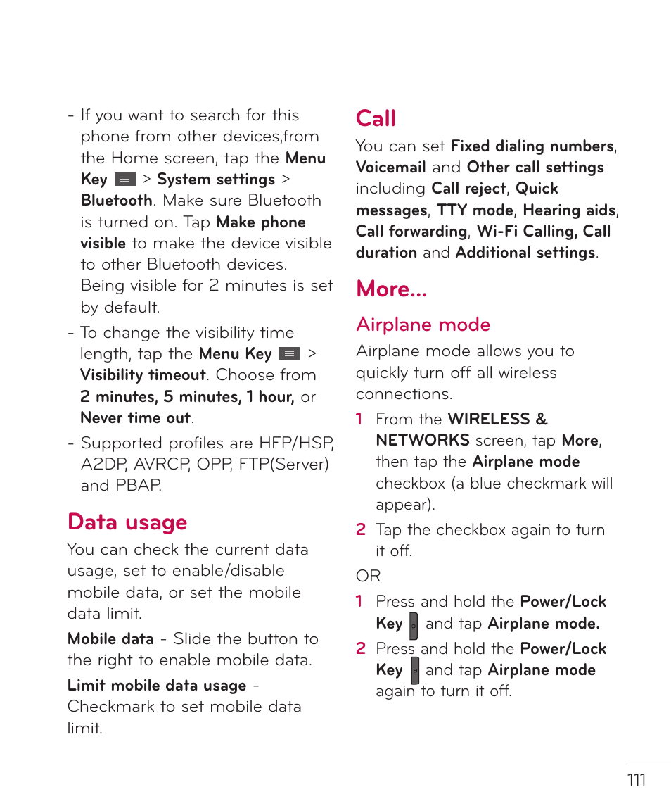 Data usage, Call, More | Airplane mode | LG LGP769BK User Manual | Page 113 / 167