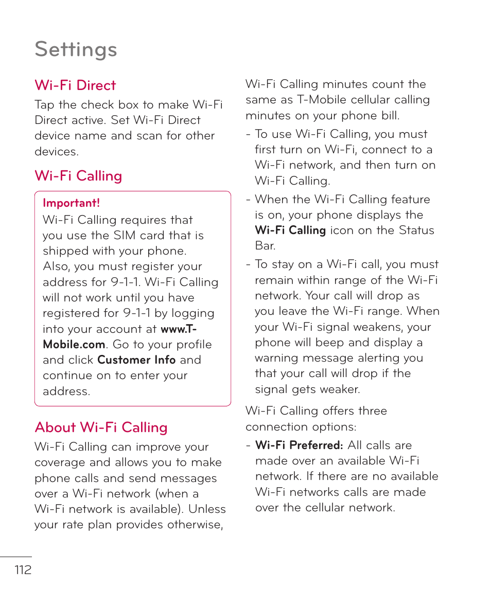 Settings, Wi-fi direct, Wi-fi calling | About wi-fi calling | LG LGP769BK User Manual | Page 114 / 167
