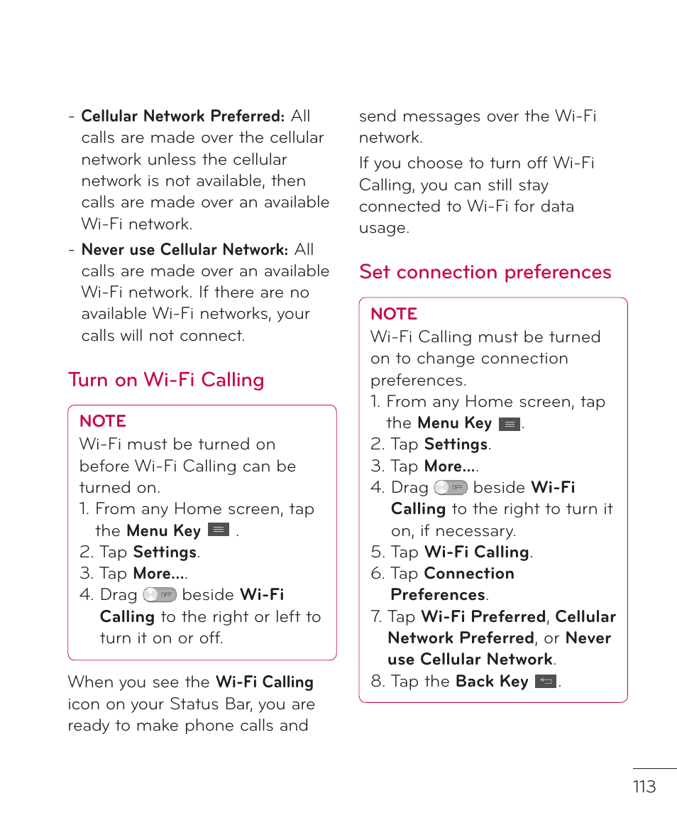 Turn on wi-fi calling, Set connection preferences | LG LGP769BK User Manual | Page 115 / 167