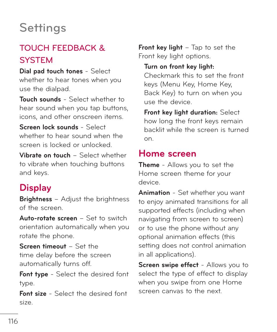 Display, Home screen, Settings | Touch feedback & system | LG LGP769BK User Manual | Page 118 / 167