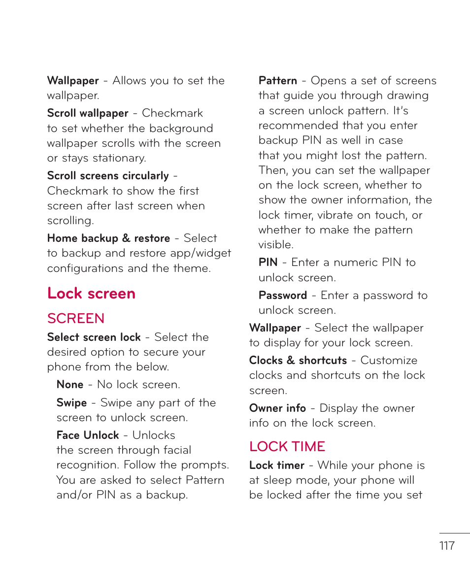 Lock screen, Screen, Lock time | LG LGP769BK User Manual | Page 119 / 167