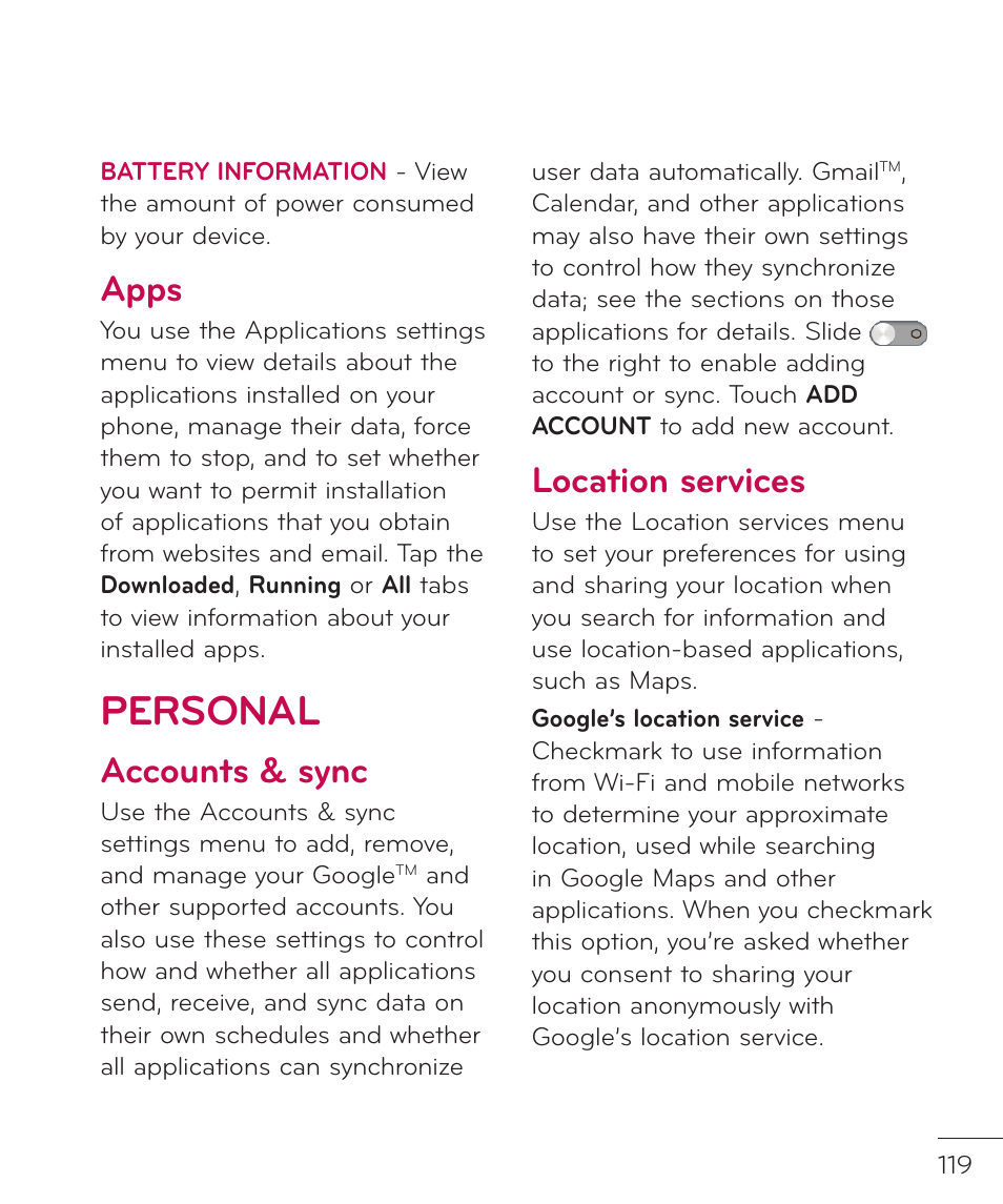 Apps, Personal, Accounts & sync | Location services | LG LGP769BK User Manual | Page 121 / 167