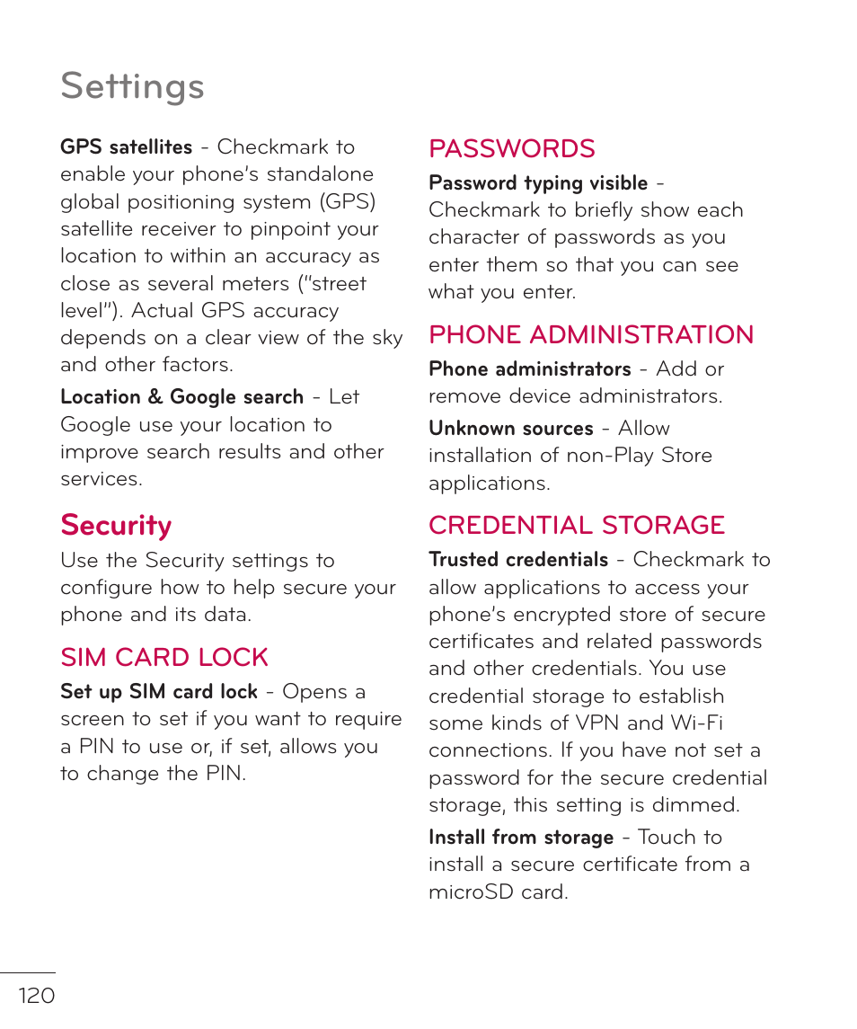 Security, Settings, Sim card lock | Passwords, Phone administration, Credential storage | LG LGP769BK User Manual | Page 122 / 167