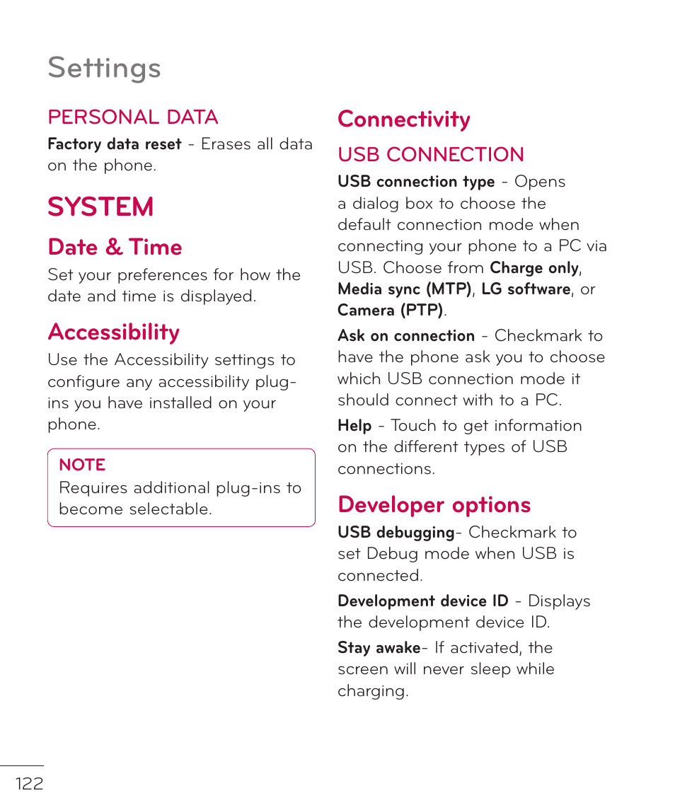 System, Date & time, Accessibility | Connectivity, Developer options, Settings | LG LGP769BK User Manual | Page 124 / 167