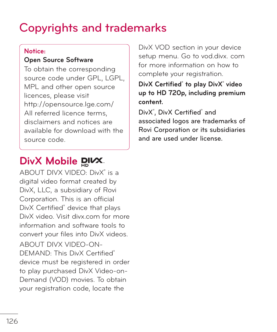 Copyrights and trademarks, Divx mobile | LG LGP769BK User Manual | Page 128 / 167