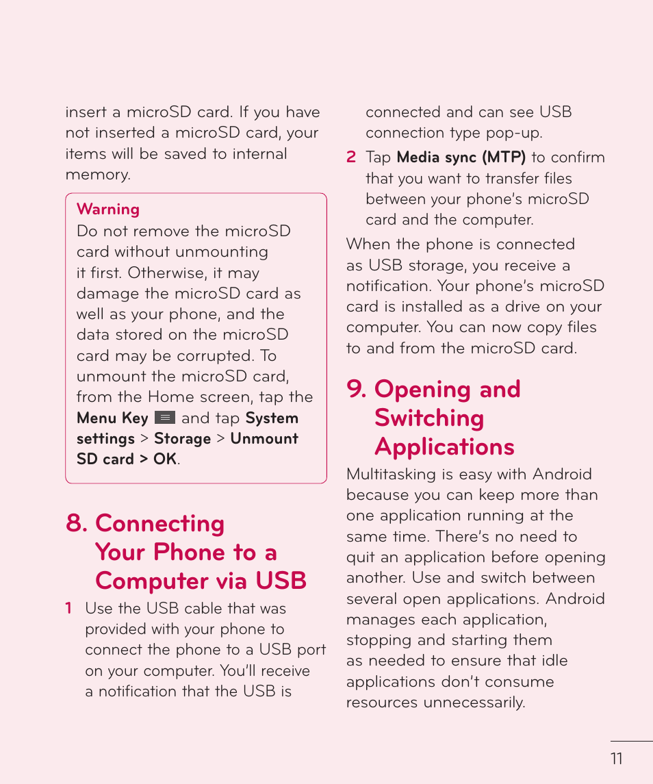 Connecting your phone to a computer via usb, Opening and switching applications | LG LGP769BK User Manual | Page 13 / 167