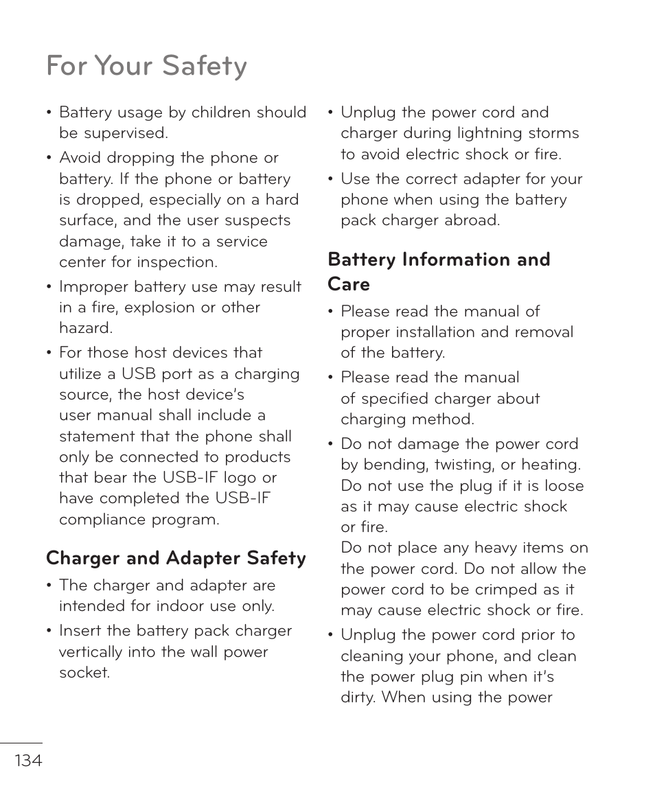 For your safety, Charger and adapter safety, Battery information and care | LG LGP769BK User Manual | Page 136 / 167