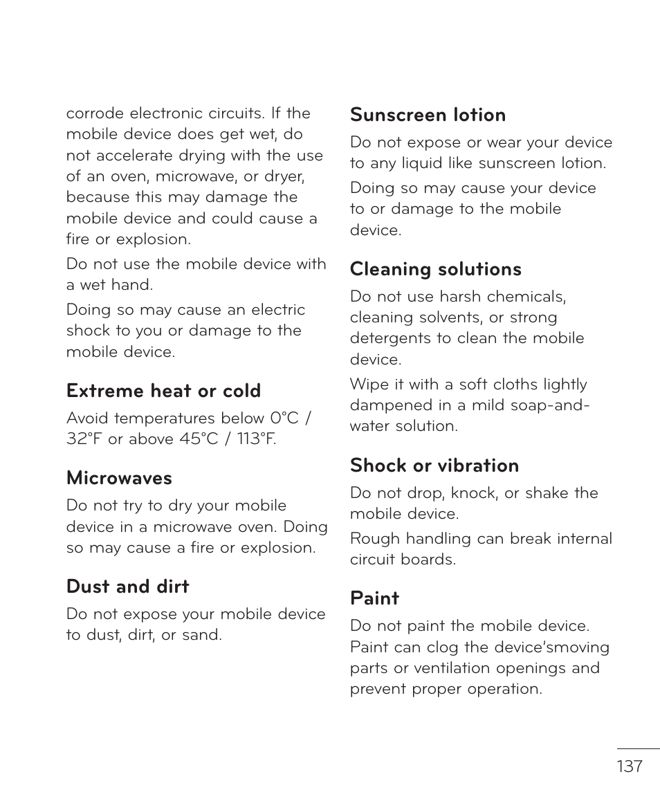 Extreme heat or cold, Microwaves, Dust and dirt | Sunscreen lotion, Cleaning solutions, Shock or vibration, Paint | LG LGP769BK User Manual | Page 139 / 167