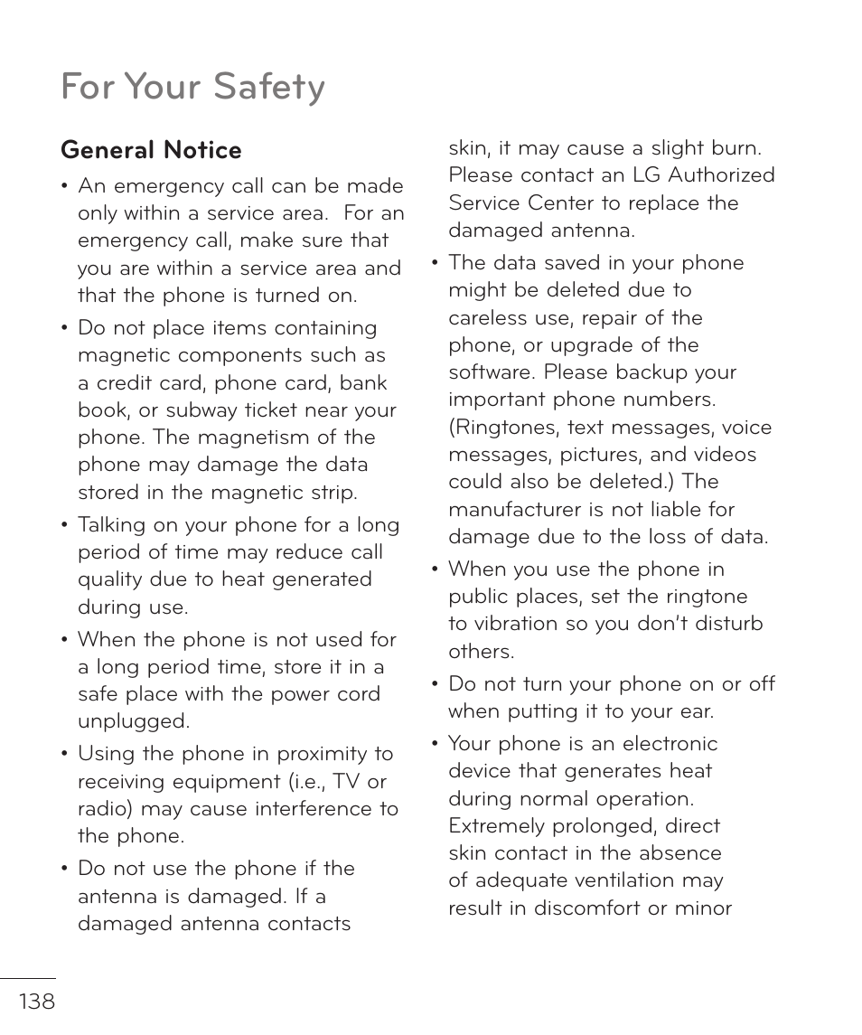 For your safety, General notice | LG LGP769BK User Manual | Page 140 / 167