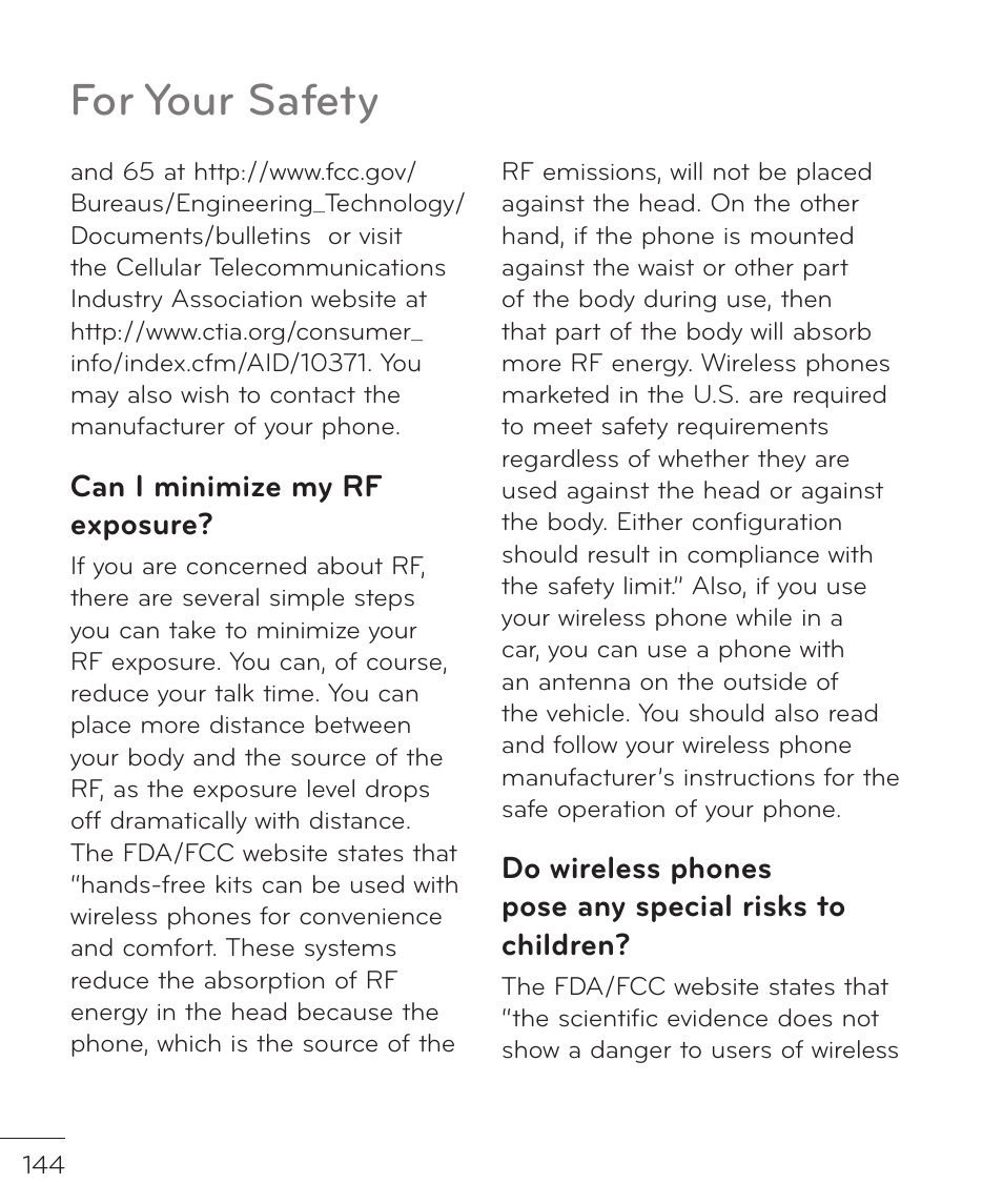 For your safety, Can i minimize my rf exposure | LG LGP769BK User Manual | Page 146 / 167