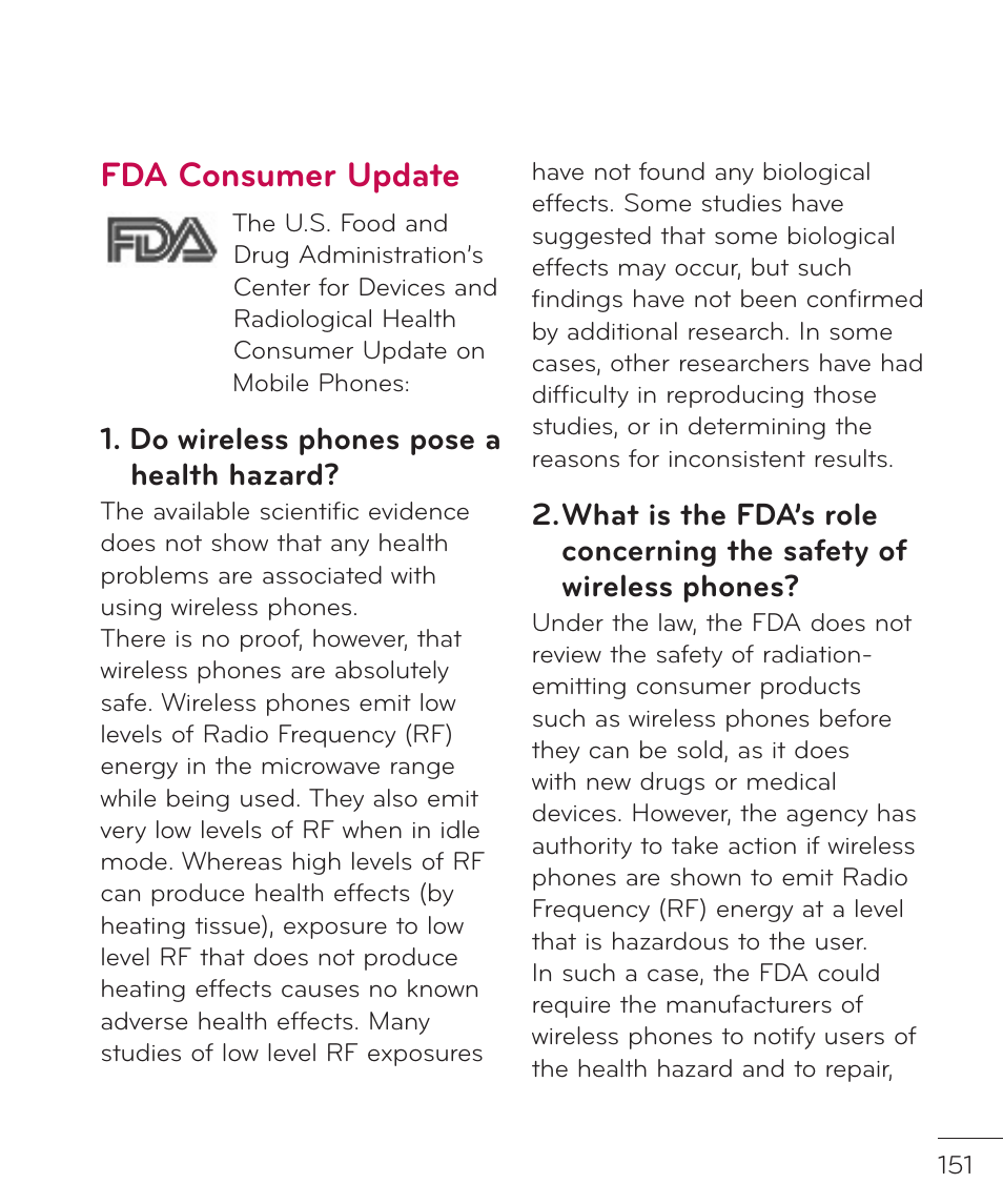 Fda consumer update, Do wireless phones pose a health hazard | LG LGP769BK User Manual | Page 153 / 167