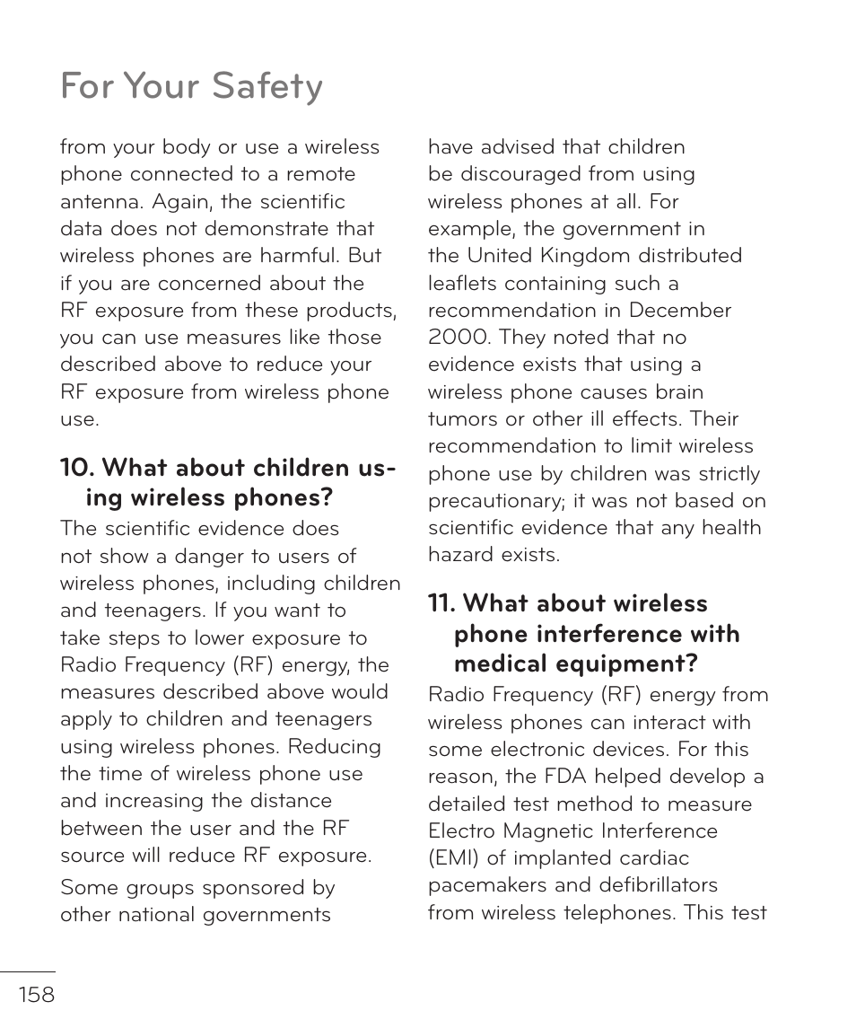 For your safety, What about children us- ing wireless phones | LG LGP769BK User Manual | Page 160 / 167