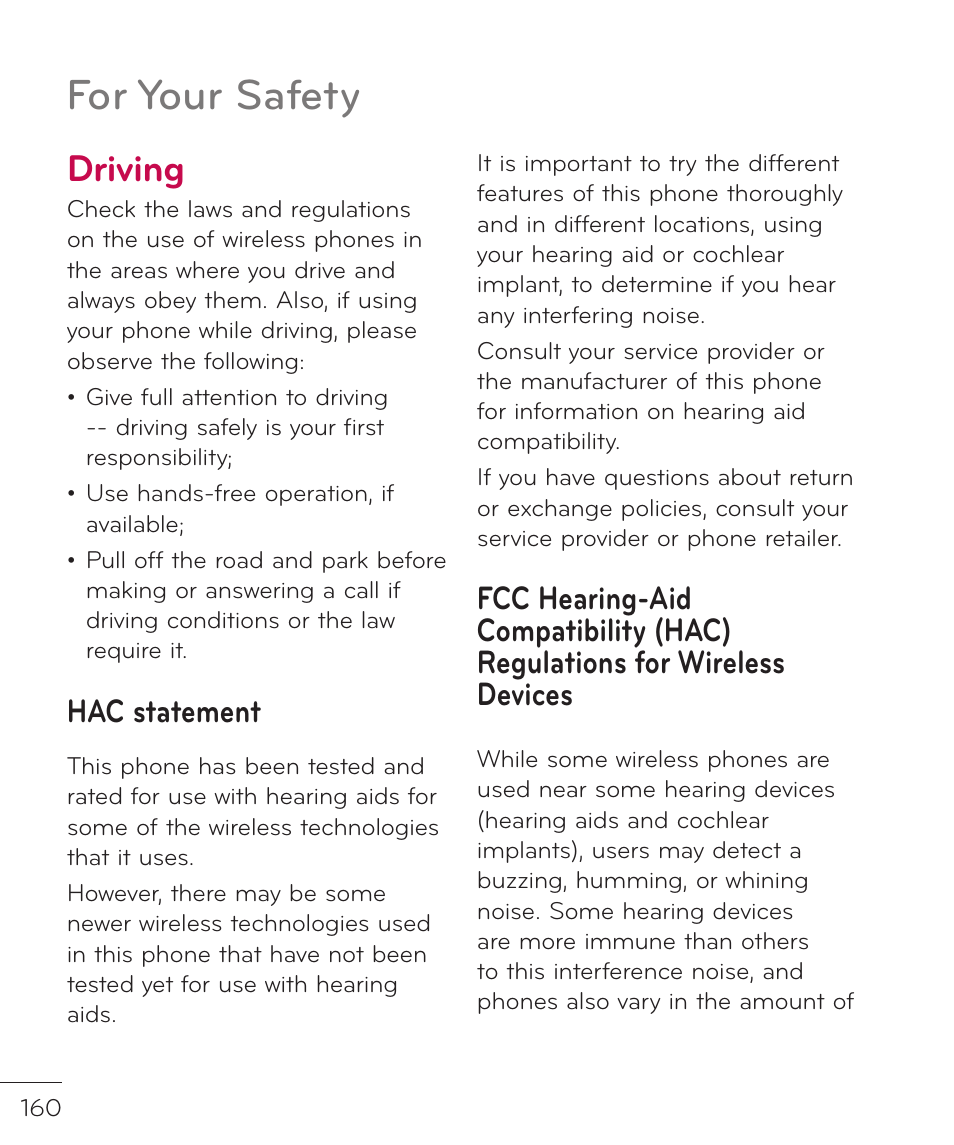 For your safety, Driving, Hac statement | LG LGP769BK User Manual | Page 162 / 167